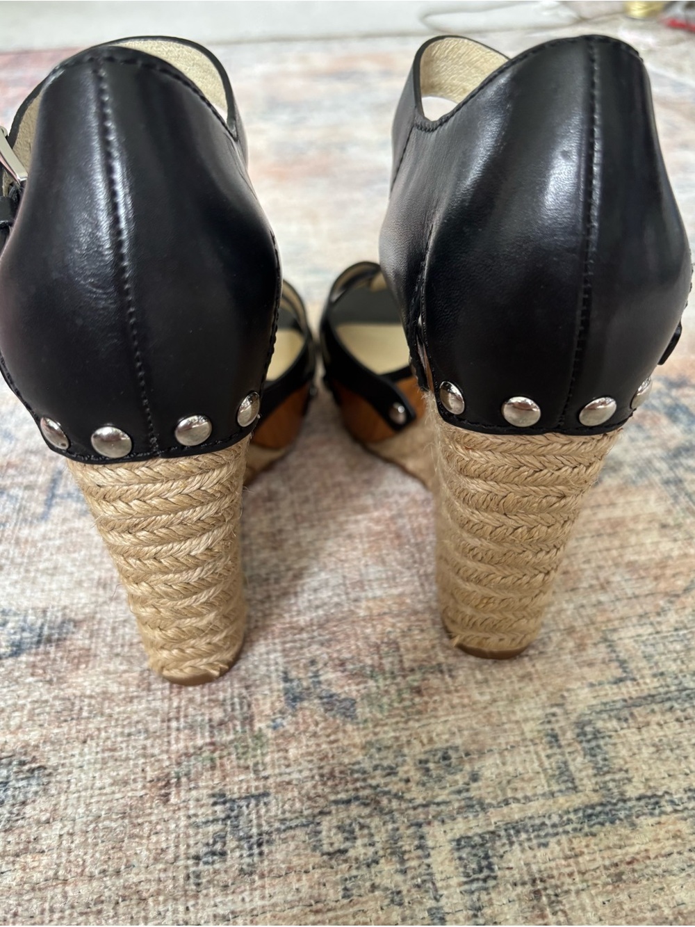 Michael Kors Black Leather Espadrille Wedge Sandals with Buckle - Picture 13 of 15